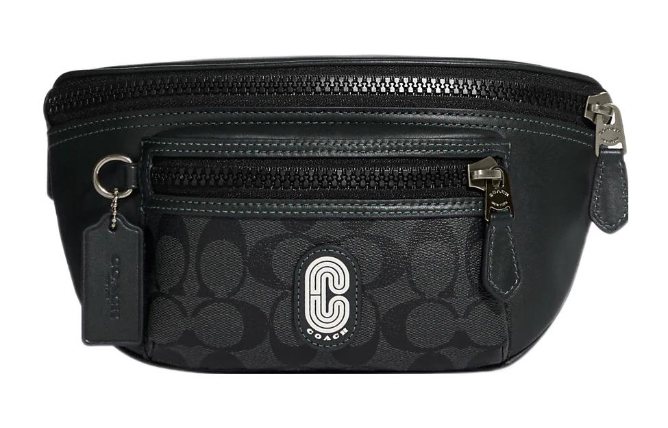 Футболка из лакированного полотна с гладкой телячьей кожей Одноплечевая поясная сумка Средний размер Женская Зеленая и черная Монограмма COACH