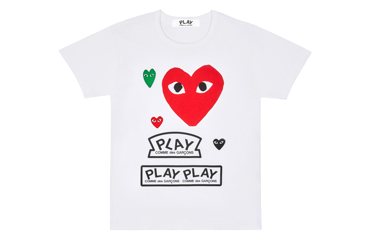 Женская белая футболка CDG Play с разнообразными красными сердечками
Женская белая футболка CDG Play с разнообразными красными сердечками