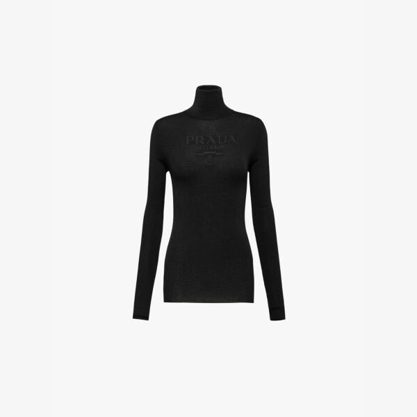 Вязаный джемпер из тонкой шерсти с высоким воротом Prada, черный
Вязаный джемпер из тонкой шерсти с высоким воротом Prada, черный