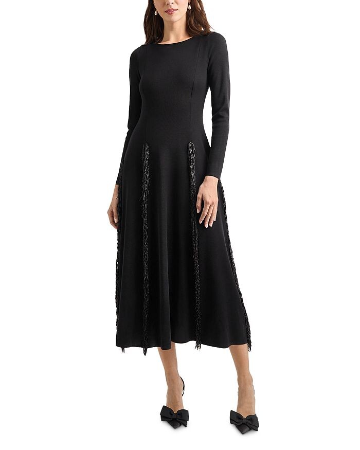 Трикотажное платье Misook Princess со швом и бахромой, черный 
Трикотажное платье Misook Princess со швом и бахромой, черный