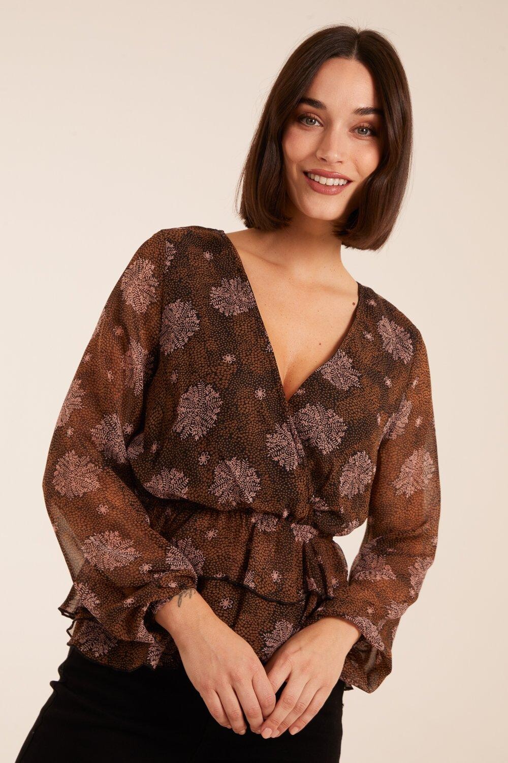 Блузка с цветочным принтом и рюшами Blue Vanilla, коричневый
Блузка с цветочным принтом и рюшами Blue Vanilla, коричневый