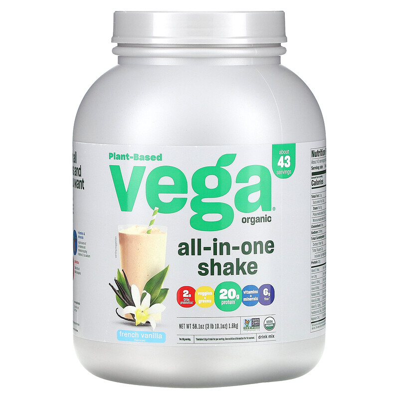 Vega, Растительный, органический универсальный коктейль, французская ваниль, 1,6 кг (3 фунта 10,1 унции)
Vega, Растительный, органический универсальный коктейль, французская ваниль, 1,6 кг (3 фунта 10,1 унции)