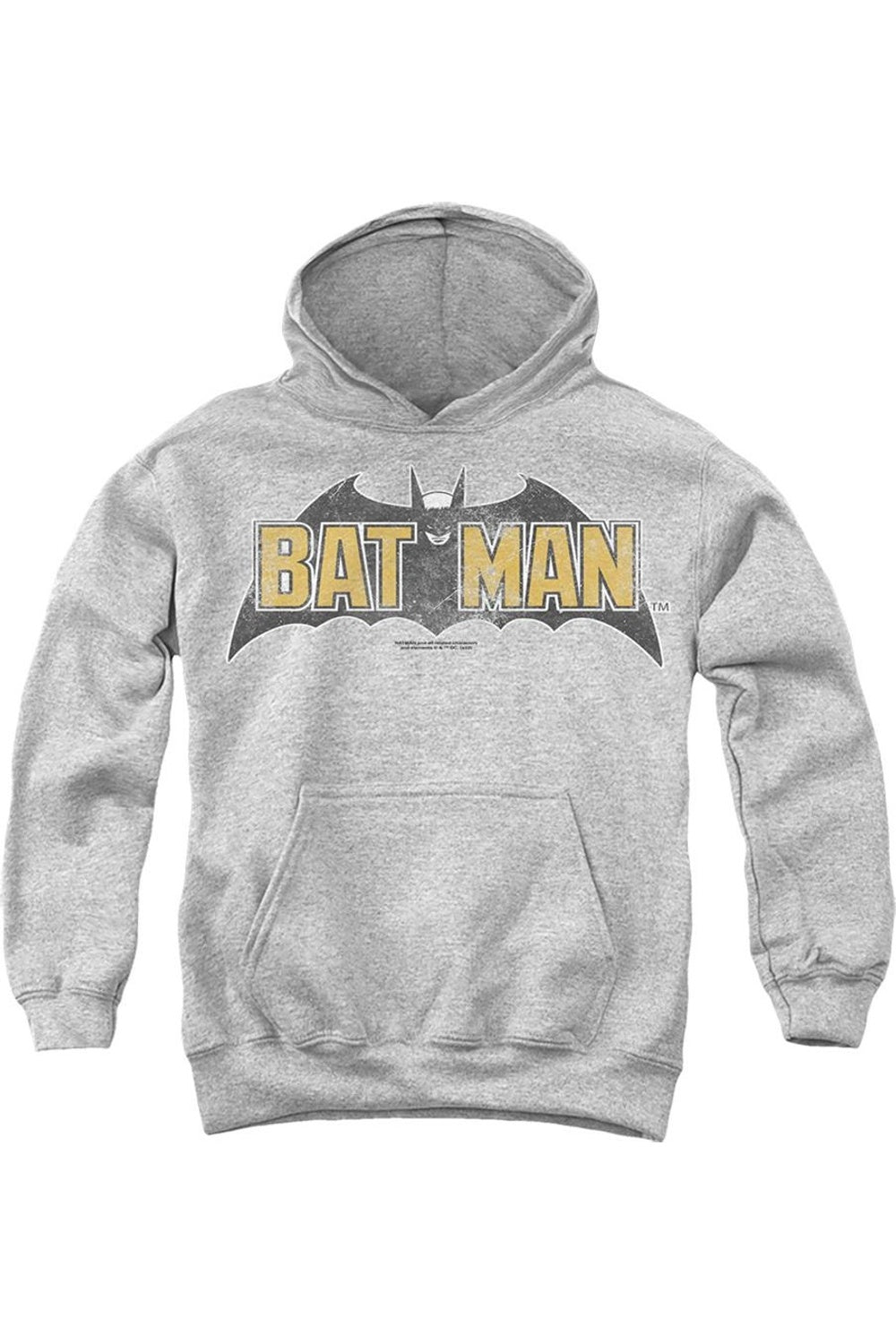 Батмен Винтажный логотип летучей мыши на сером детском худи с капюшоном Gildan, Athletic Heather 
Батмен Винтажный логотип летучей мыши на сером детском худи с капюшоном Gildan, Athletic Heather