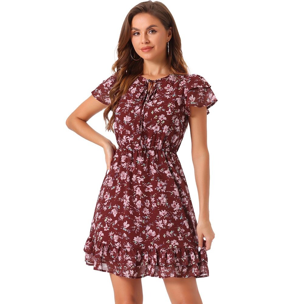 Женское шифоновое платье с рюшами и V-образным вырезом выше колена с рукавами с рюшами и цветочным принтом ALLEGRA K, цвет Burgundy