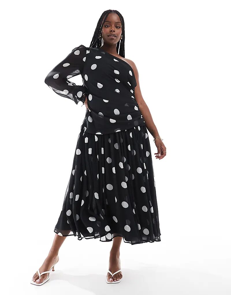 Длинное платье макси ASOS DESIGN Curve на одно плечо с рукавами-фонариками и монохромным горошком
