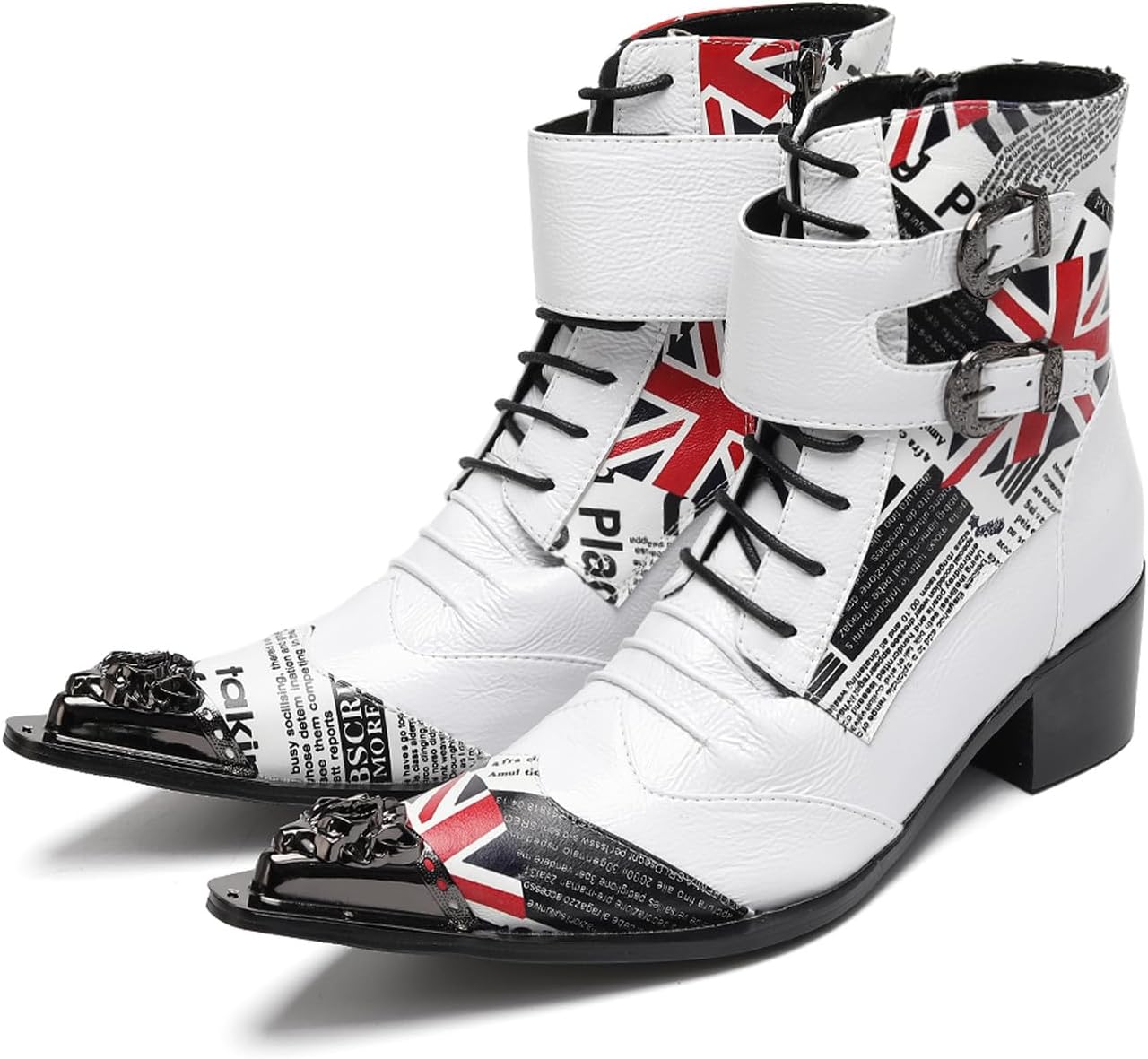 Мужские британские панк-рок ковбойские ботинки Santimon - белая кожаная обувь с флагом Великобритании и пряжкой, готический металлический заостренный носок для концертов, сцены, фестивалей, косплея
Мужские британские панк-рок ковбойские ботинки Santimon - белая кожаная обувь с флагом Великобритании и пряжкой, готический металлический заостренный носок для концертов, сцены, фестивалей, косплея