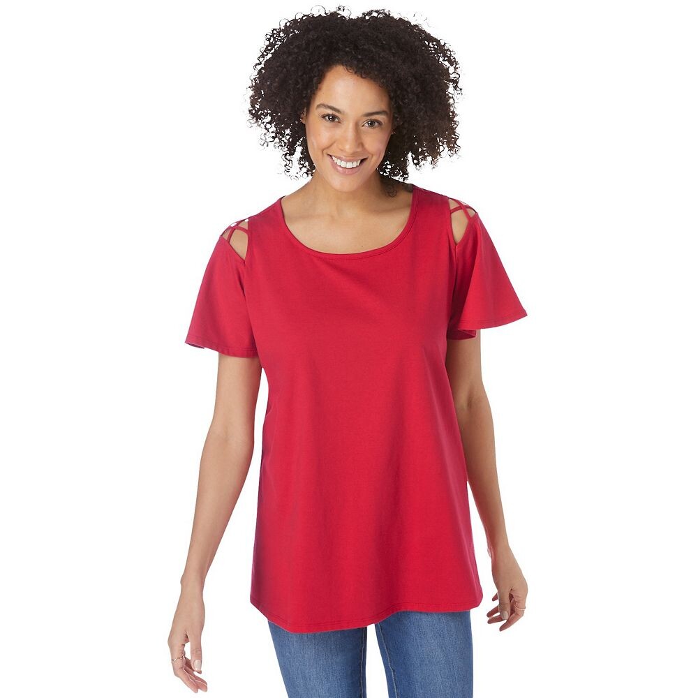 Женщина в женской футболке больших размеров с открытыми плечами и решетчатой отделкой Woman Within, цвет Vivid Red
Женщина в женской футболке больших размеров с открытыми плечами и решетчатой отделкой Woman Within, цвет Vivid Red