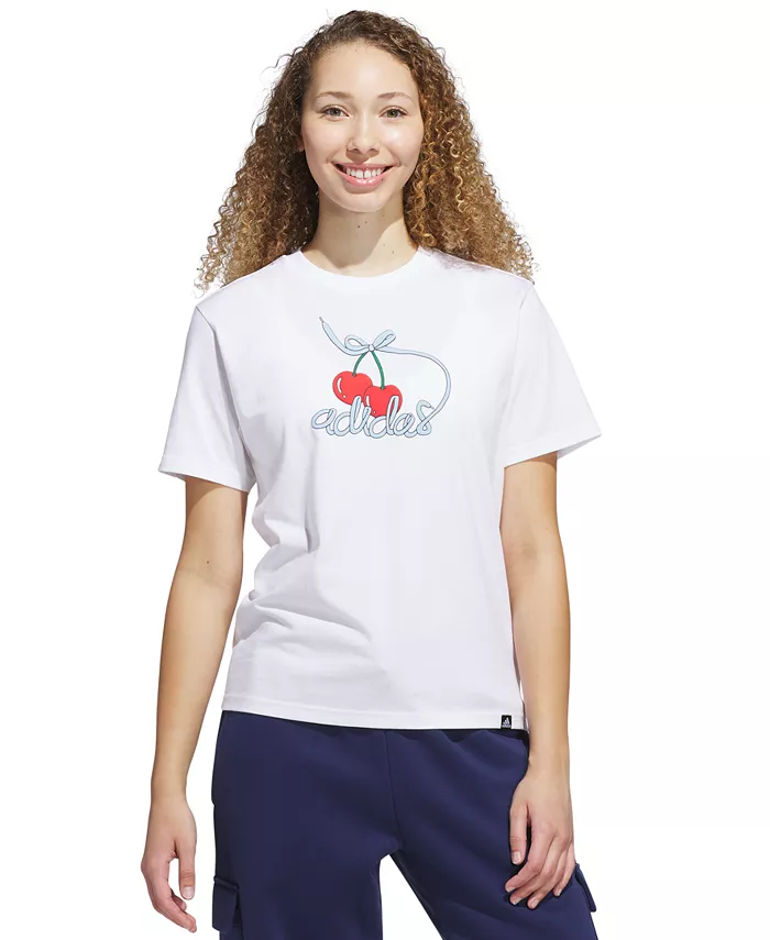 Женская хлопковая футболка с круглым вырезом и принтом в виде вишни adidas, белый
Женская хлопковая футболка с круглым вырезом и принтом в виде вишни adidas, белый