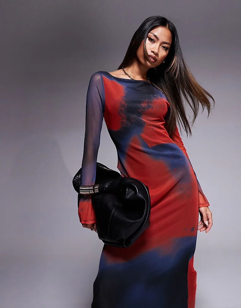 Платье макси ASOS DESIGN с длинными рукавами, узорчатой сеткой бордового цвета и высоким вырезом-лодочкой 
Платье макси ASOS DESIGN с длинными рукавами, узорчатой сеткой бордового цвета и высоким вырезом-лодочкой