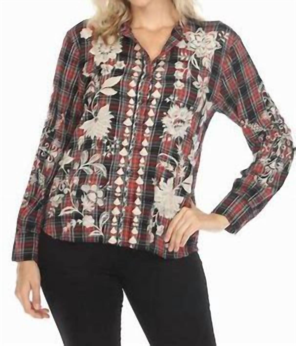 Красная и черная рубашка Mandarin с пуговицами Johnny Was 
Красная и черная рубашка Mandarin с пуговицами Johnny Was