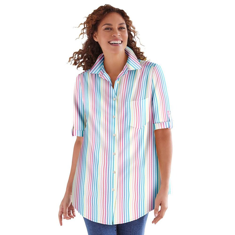 Женщина в женской рубашке из хлопчатобумажной ткани на пуговицах с короткими рукавами больших размеров размера плюс Woman Within, цвет White Multi Stripe
Женщина в женской рубашке из хлопчатобумажной ткани на пуговицах с короткими рукавами больших размеров размера плюс Woman Within, цвет White Multi Stripe