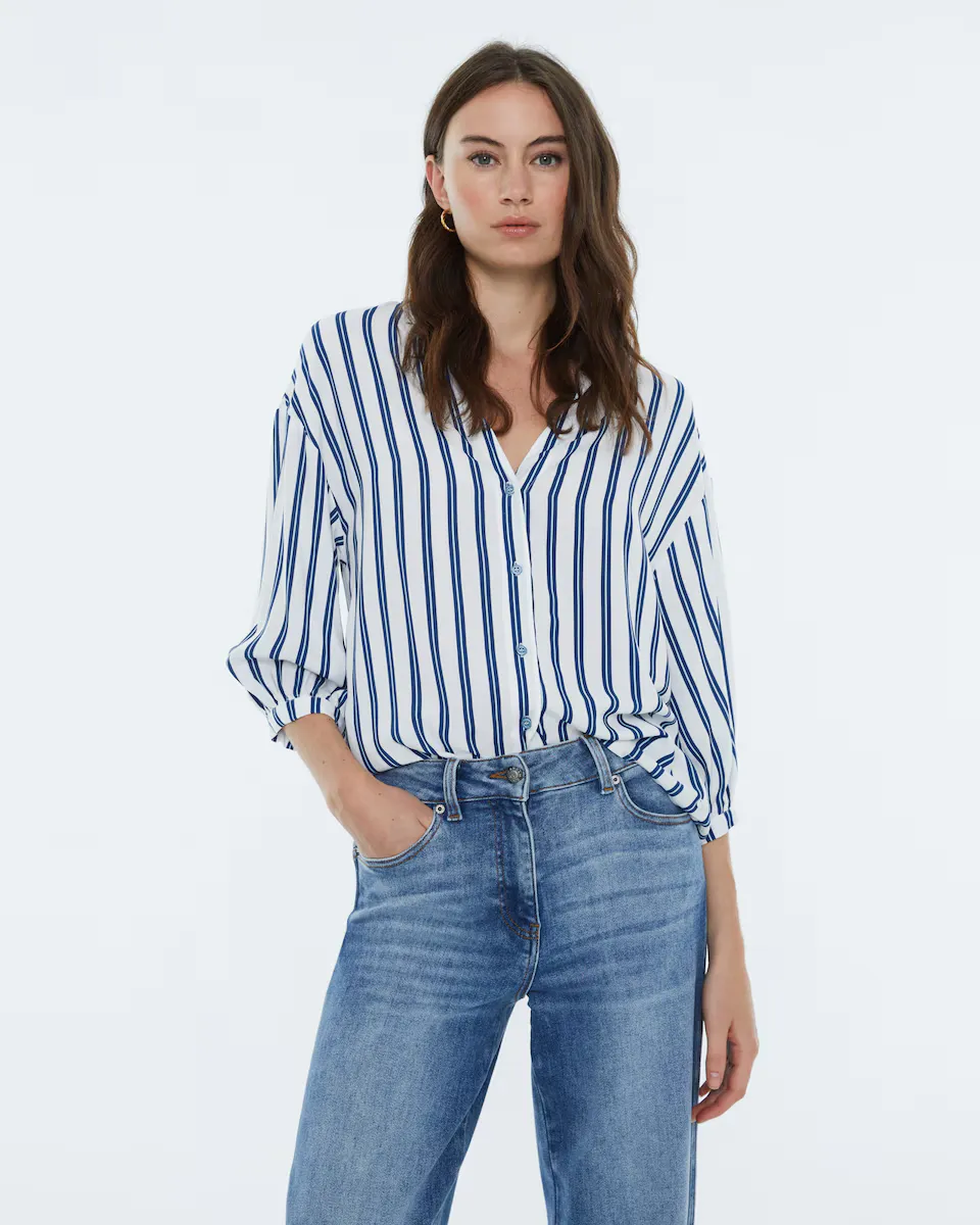 Женская рубашка с полосатым принтом и отложным воротником Andam, синий
Женская рубашка с полосатым принтом и отложным воротником Andam, синий