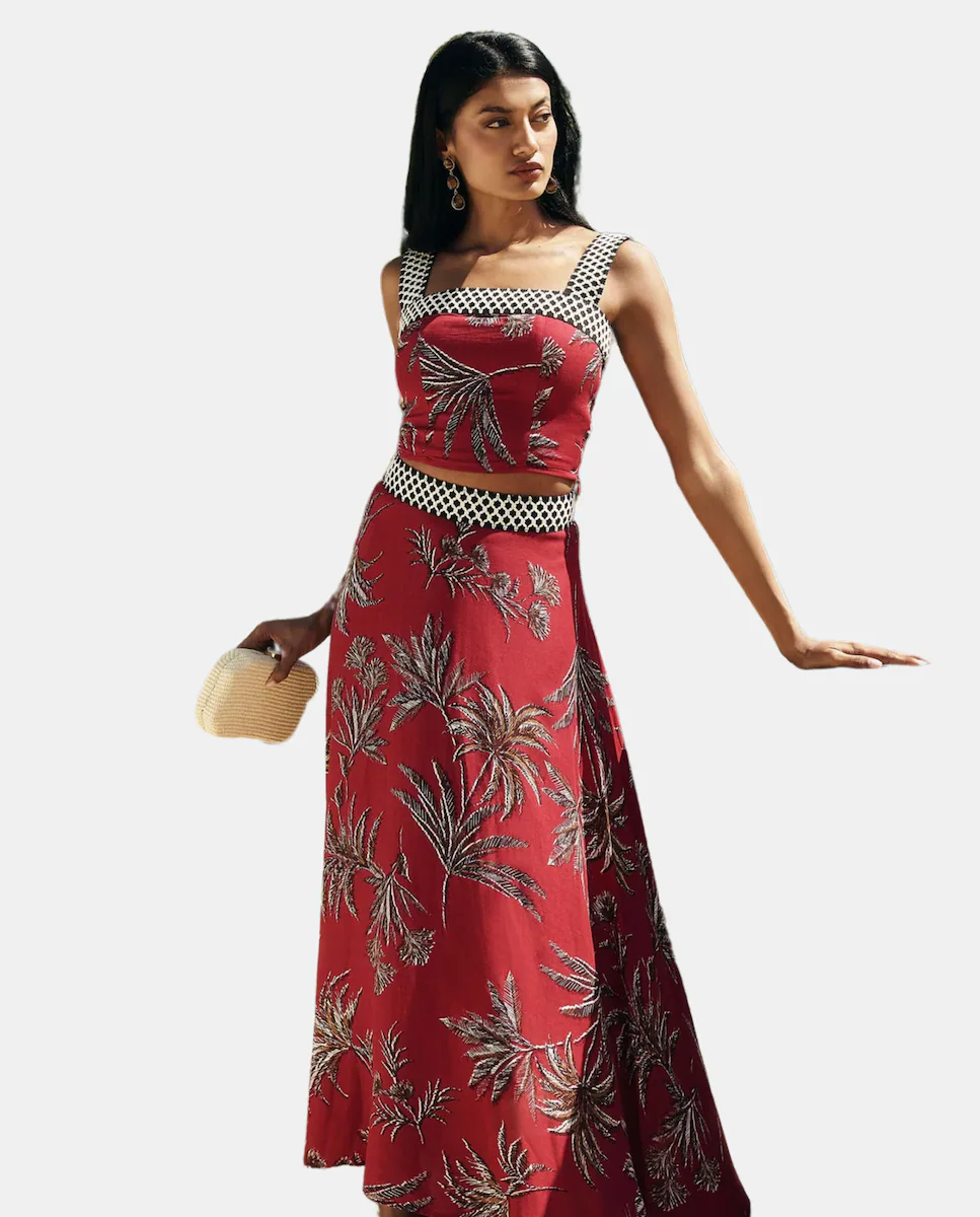 Юбка миди с принтом и расклешением MIPHAI, гранатовый 
Юбка миди с принтом и расклешением MIPHAI, гранатовый