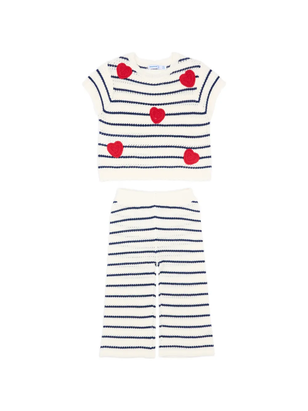 Комплект из брюк в полоску с декором в виде сердца Mayoral, бежевый
Комплект из брюк в полоску с декором в виде сердца Mayoral, бежевый