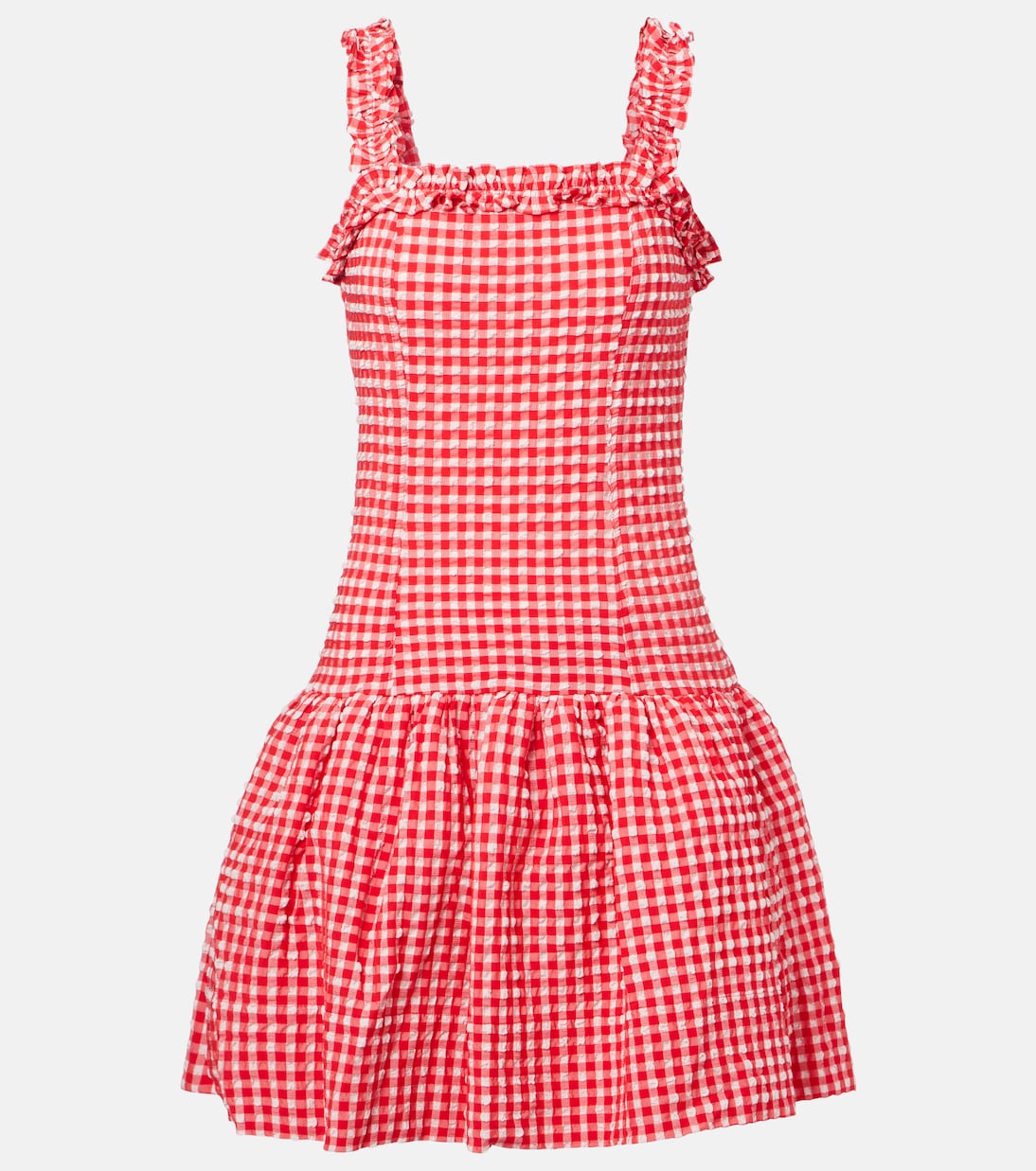 Мини-платье из сирсакера с оборками Ganni, Racing Red
Мини-платье из сирсакера с оборками Ganni, Racing Red