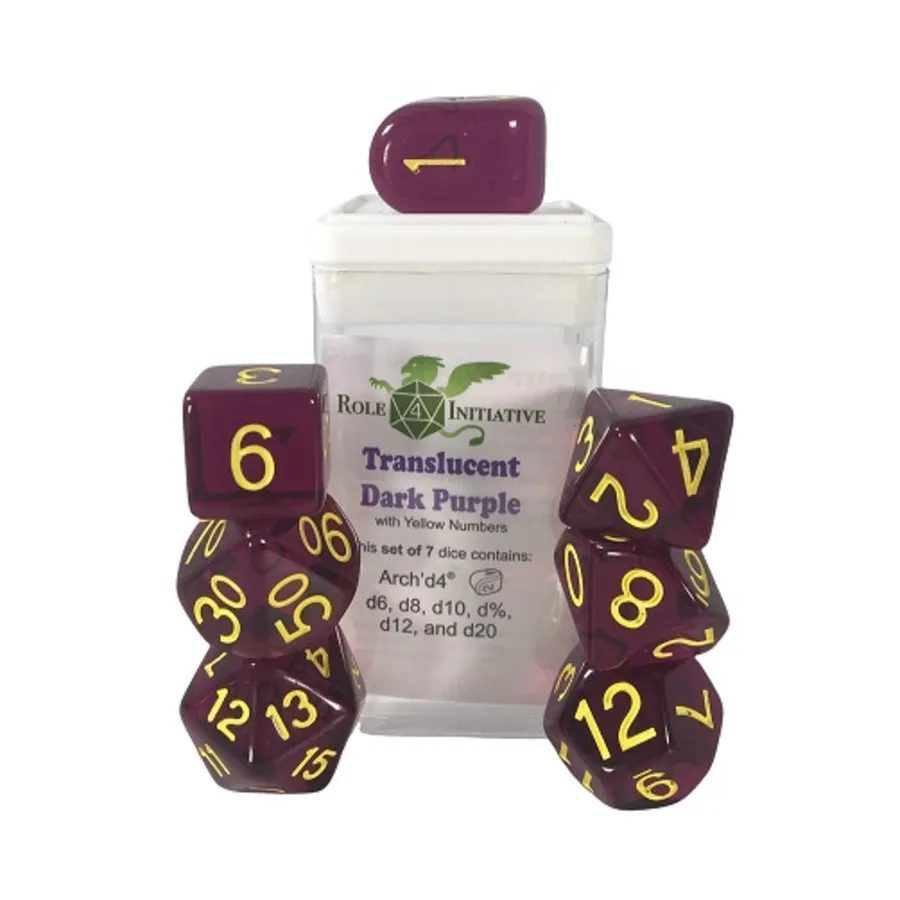 Многогранные игральные кости — полупрозрачные темно-фиолетовые с желтым и арочным 4 (7), Game Dice - Translucent (Role 4 Initiative)
Многогранные игральные кости — полупрозрачные темно-фиолетовые с желтым и арочным 4 (7), Game Dice - Translucent (Role 4 Initiative)