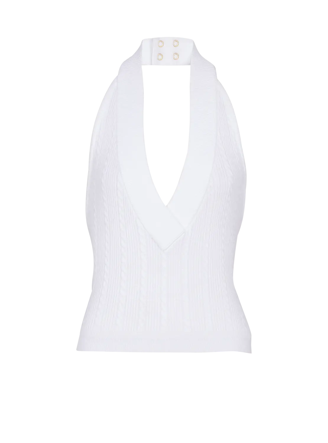 Вязаный топ на шее (с узором "косы") Balmain, белый/черный
Вязаный топ на шее (с узором "косы") Balmain, белый/черный