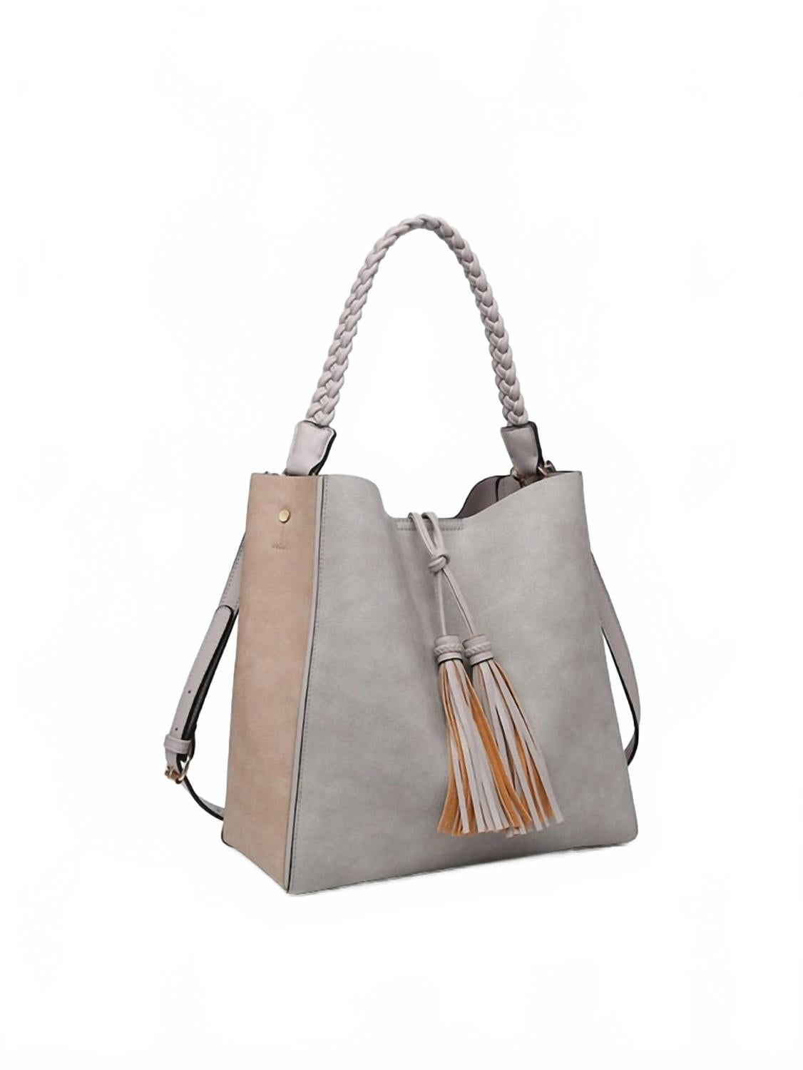 Женская сумка-тоут Dina контрастная с кисточкой в серо-бежевом цвете Jen & Co.
Женская сумка-тоут Dina контрастная с кисточкой в серо-бежевом цвете Jen & Co.