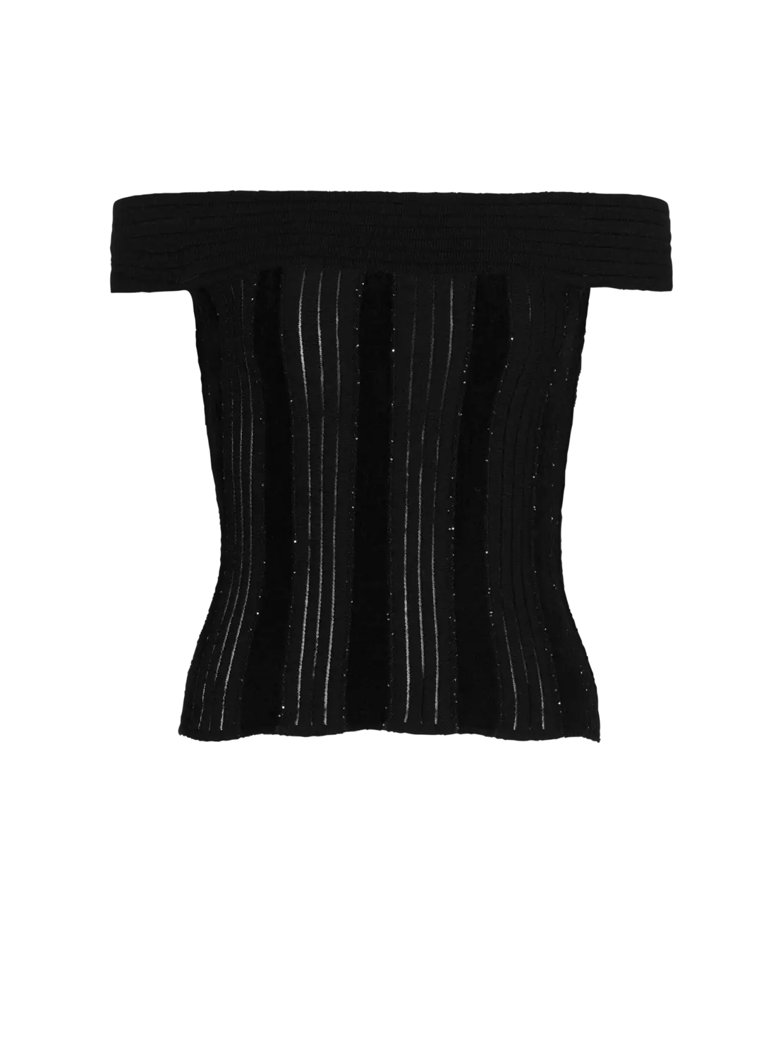 Вязаный топ с блестками на открытых плечах Balmain, черный
Вязаный топ с блестками на открытых плечах Balmain, черный