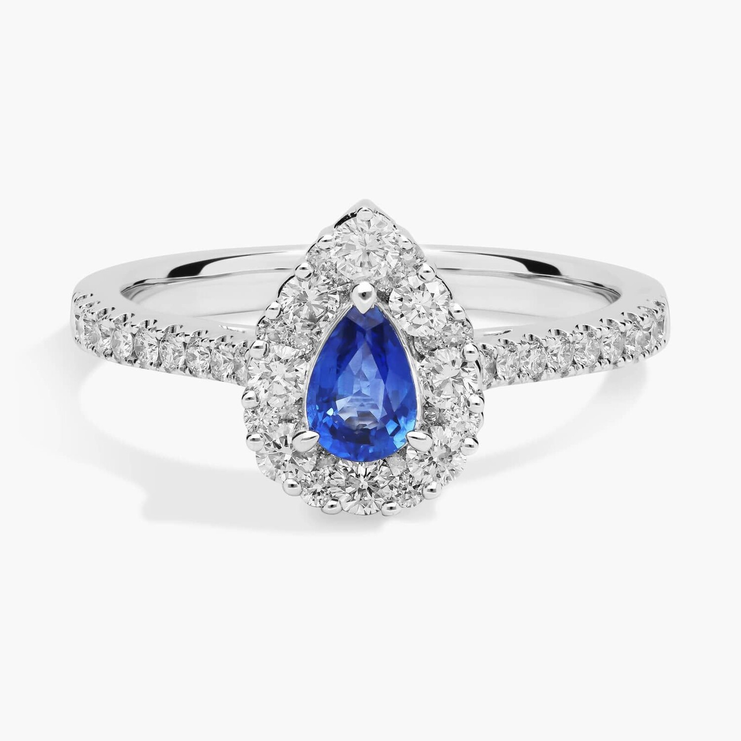 Кольцо с грушевидным сапфиром и бриллиантовым ореолом из 14-каратного белого золота (6x4 мм) Blue Nile 
Кольцо с грушевидным сапфиром и бриллиантовым ореолом из 14-каратного белого золота (6x4 мм) Blue Nile