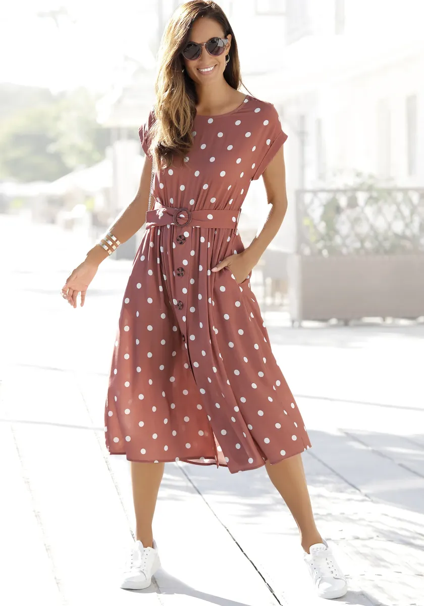 Платье миди LASCANA (с поясом), с точечным принтом и карманами, летнее платье, кремовый