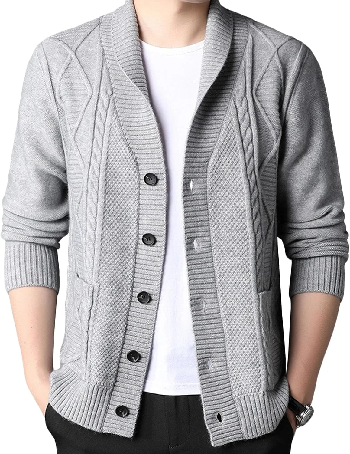 Мужской кардиган из шерстяной смеси с кабельной вязкой и воротником-шалью DGHM-JLMY
Мужской кардиган из шерстяной смеси с кабельной вязкой и воротником-шалью DGHM-JLMY