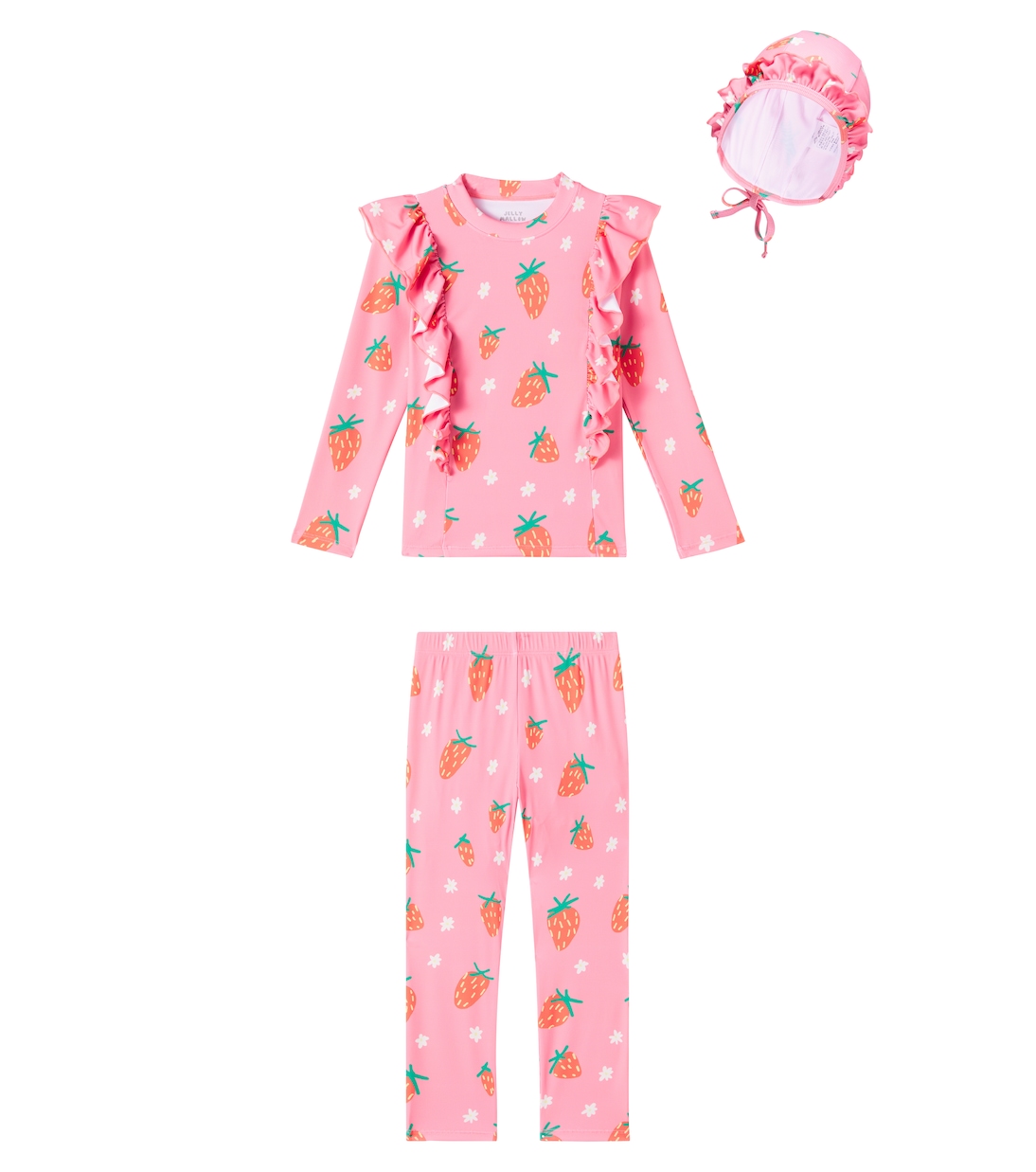 Купальник с рюшами и шапочка в клубничном стиле Jellymallow, розовый 
Купальник с рюшами и шапочка в клубничном стиле Jellymallow, розовый