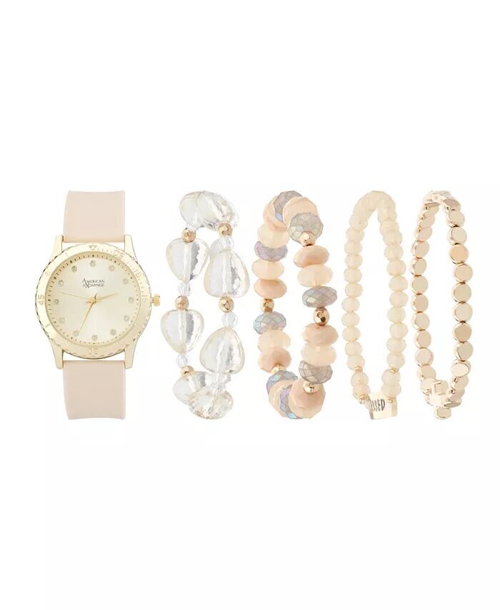 Женские аналоговые часы с матовым бежевым силиконовым ремешком, 38 мм, со штабелируемыми браслетами, подарочный набор American Exchange, бежевый
Женские аналоговые часы с матовым бежевым силиконовым ремешком, 38 мм, со штабелируемыми браслетами, подарочный набор American Exchange, бежевый