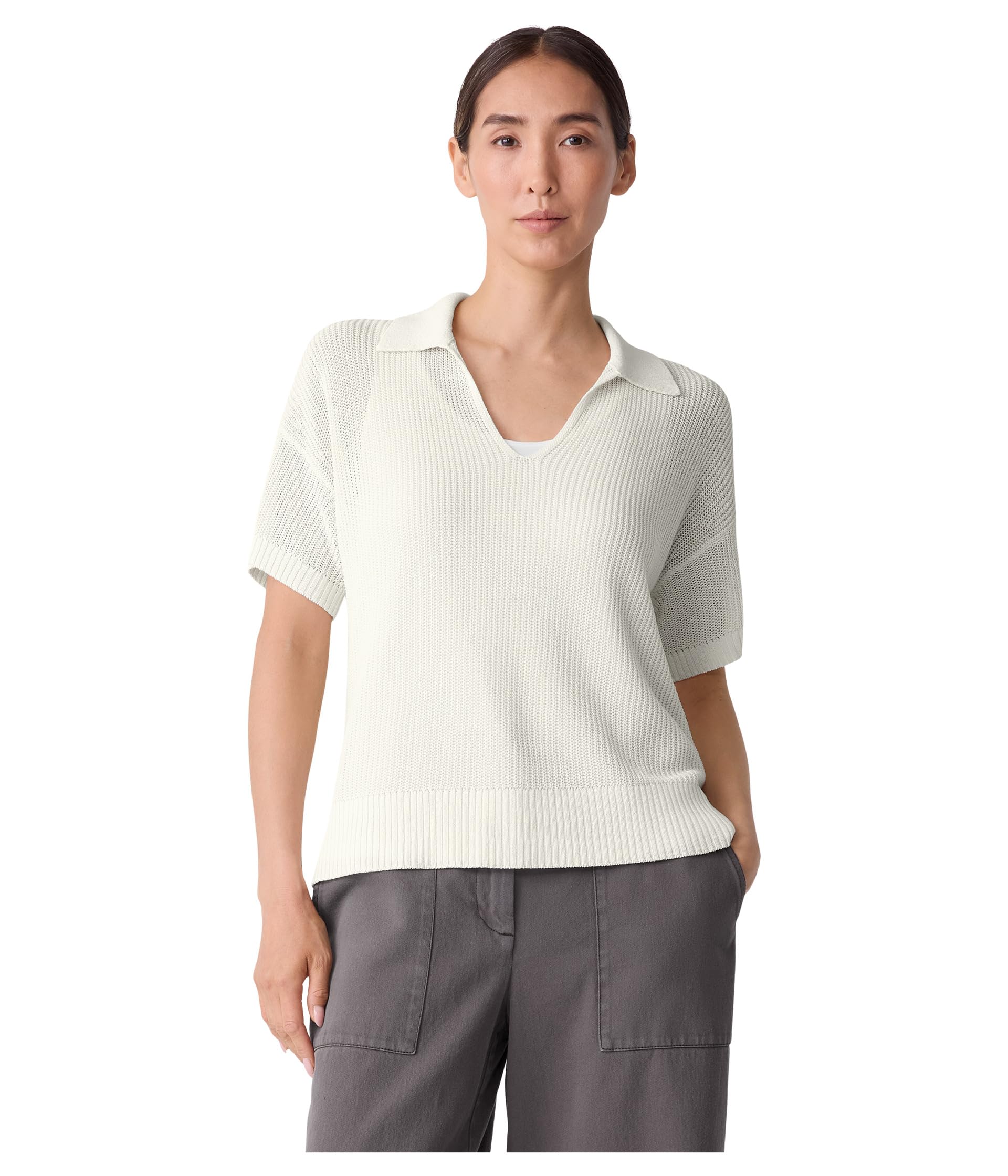 Свитер Eileen Fisher Cotton Silk Cord Short Sleeve Johnny Collar Sweater, цвет Ivory 
Свитер Eileen Fisher Cotton Silk Cord Short Sleeve Johnny Collar Sweater, цвет Ivory