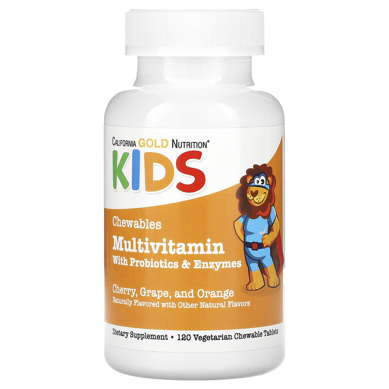California Gold Nutrition, жевательные мультивитамины с пробиотиками и ферментами для детей, фруктовое ассорти, 120 вегетарианских таблеток
California Gold Nutrition, жевательные мультивитамины с пробиотиками и ферментами для детей, фруктовое ассорти, 120 вегетарианских таблеток