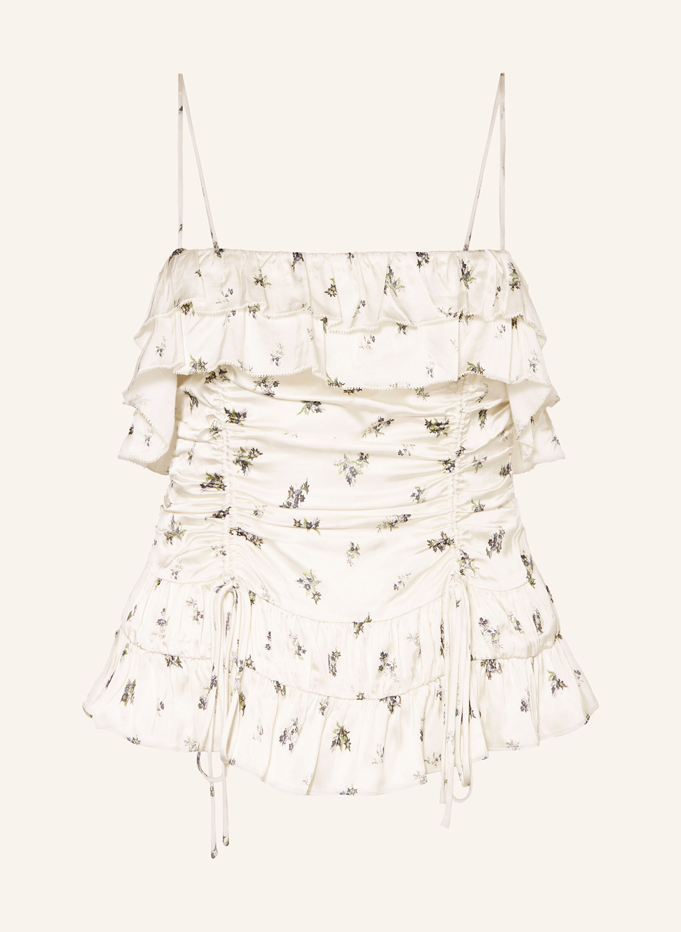 Атласный топ с оборками Ganni, мультиколор
Атласный топ с оборками Ganni, мультиколор