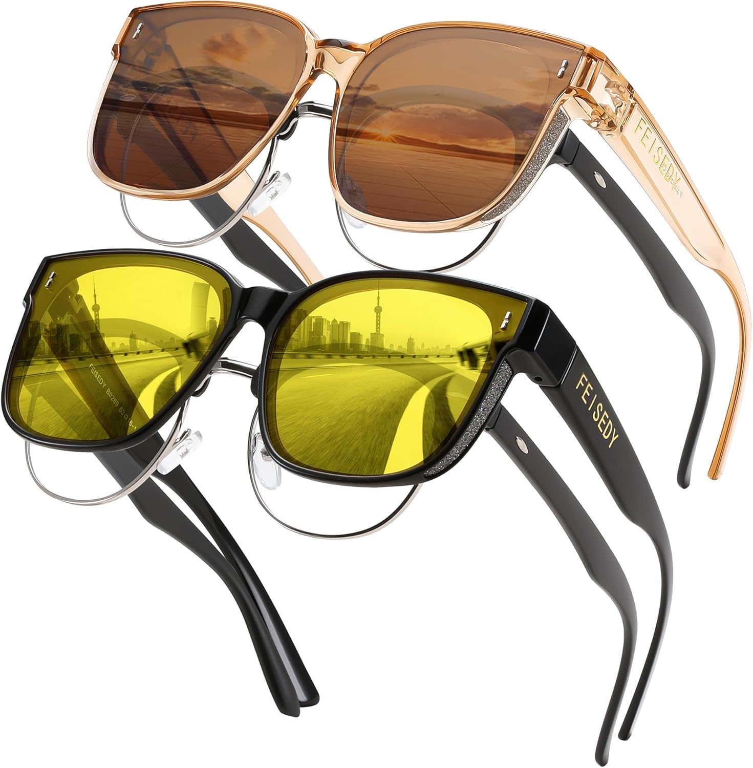 Солнцезащитные очки FEISEDY, надеваемые поверх обычных очков, увеличенного размера, поляризованные, блестящие, для женщин, защита от ультрафиолета UV400, артикул B0269, Z2pack (Black Frame & Yellow Lens + Champagne Frame & Tea)
Солнцезащитные очки FEISEDY, надеваемые поверх обычных очков, увеличенного размера, поляризованные, блестящие, для женщин, защита от ультрафиолета UV400, артикул B0269, Z2pack (Black Frame & Yellow Lens + Champagne Frame & Tea)