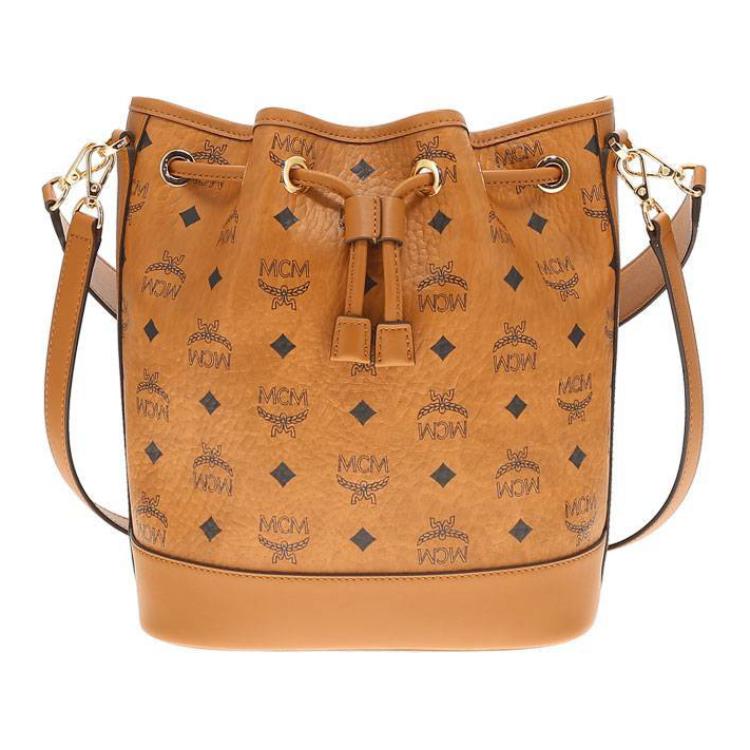 Покрытая тканью кожаная сумка-ведро, женская наплечная сумка через плечо, цвет коньяк MCM