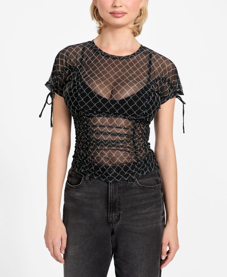 Женская блузка с сетчатым логотипом и сборками GUESS, Jet Black Multi
Женская блузка с сетчатым логотипом и сборками GUESS, Jet Black Multi