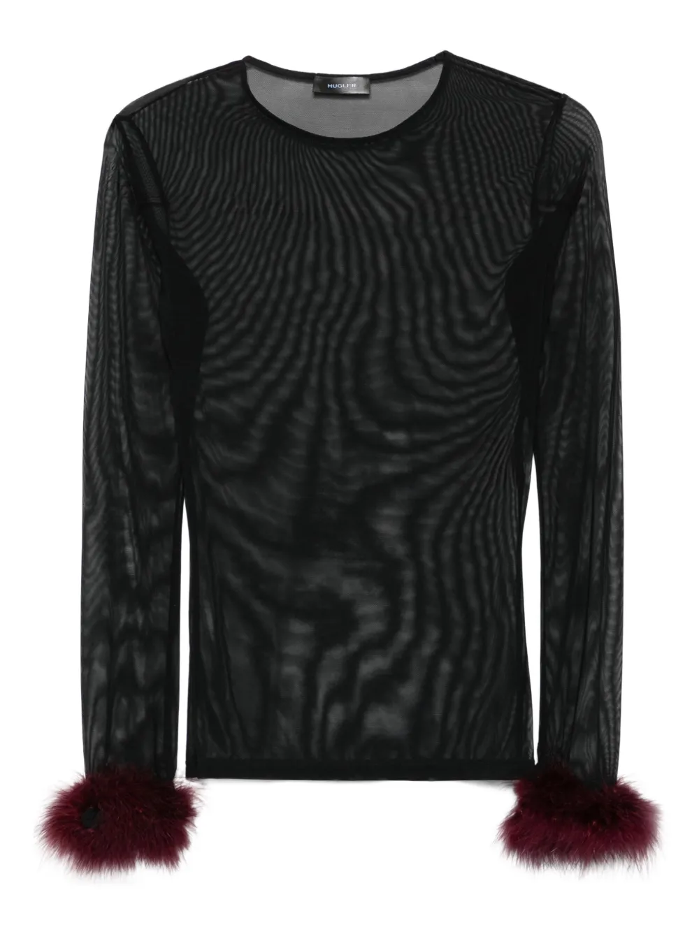 Топ с сетчатыми вставками и манжетами из перьев Mugler, черный
Топ с сетчатыми вставками и манжетами из перьев Mugler, черный