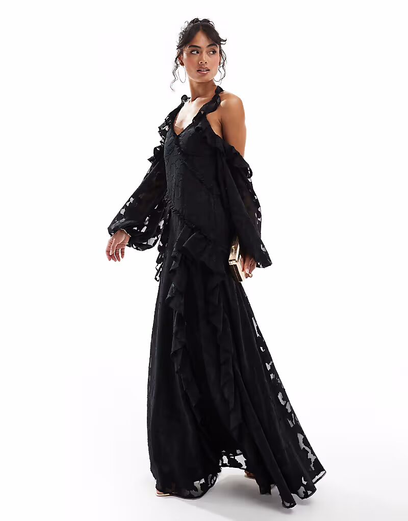 Платье макси ASOS DESIGN с открытыми плечами, цветочным жаккардом и оборками, черное
Платье макси ASOS DESIGN с открытыми плечами, цветочным жаккардом и оборками, черное