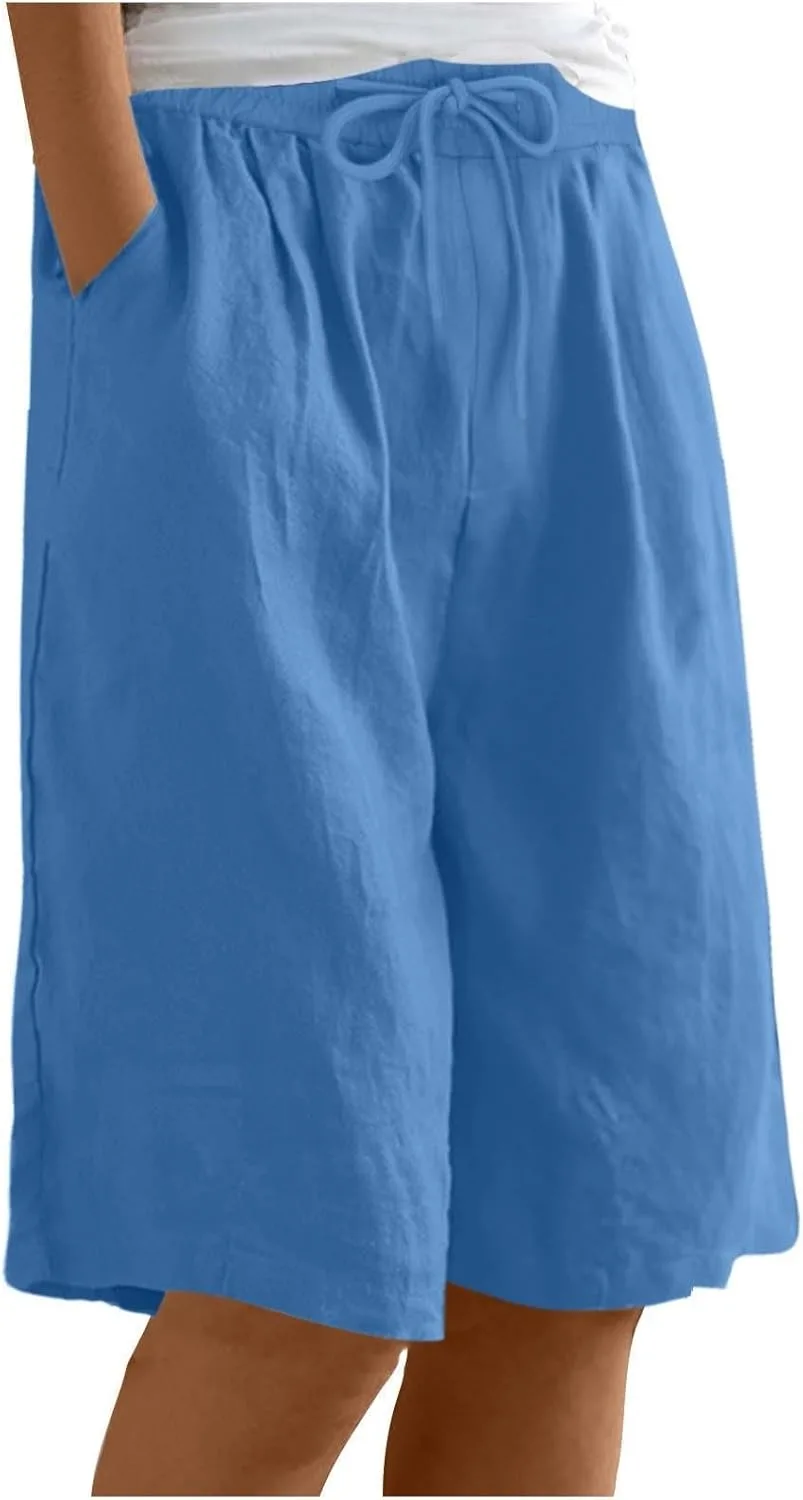 Женские шорты бермуды из хлопка и льна с широкими штанинами и эластичным поясом на шнурке
Женские шорты бермуды из хлопка и льна с широкими штанинами и эластичным поясом на шнурке