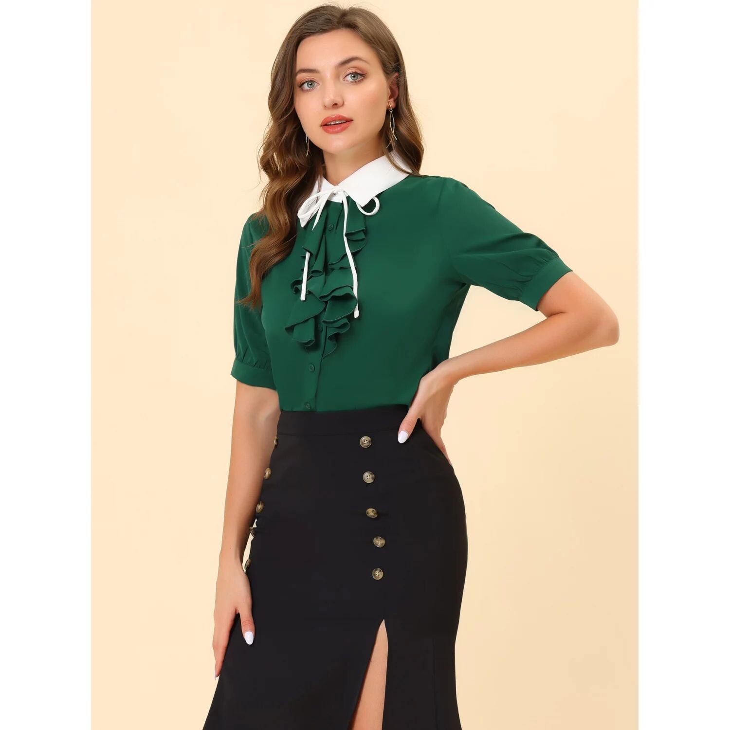 Женская рабочая рубашка с контрастным воротником и завязкой на пуговицах спереди и короткими рукавами ALLEGRA K, черный
Женская рабочая рубашка с контрастным воротником и завязкой на пуговицах спереди и короткими рукавами ALLEGRA K, черный