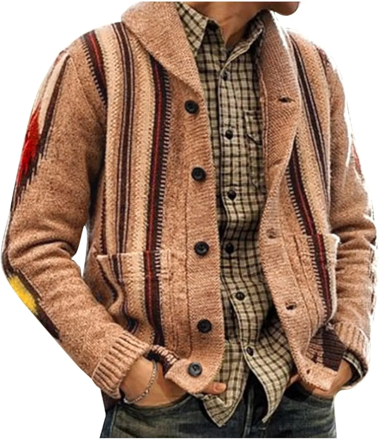 Мужской кардиган с шалью воротником, в полоску, на пуговицах
Мужской кардиган с шалью воротником, в полоску, на пуговицах