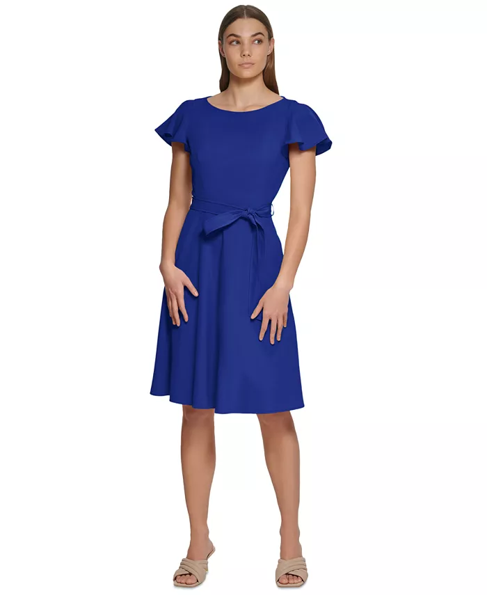 Женское платье с расклешенными рукавами и поясом-галстуком Calvin Klein, синий 
Женское платье с расклешенными рукавами и поясом-галстуком Calvin Klein, синий