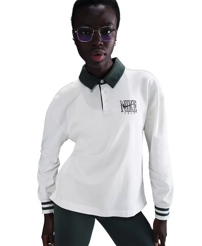 Спортивная женская рубашка-поло свободного покроя с длинными рукавами Nike, белый
Спортивная женская рубашка-поло свободного покроя с длинными рукавами Nike, белый