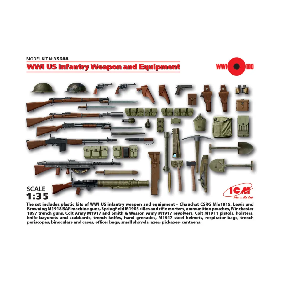 Пехотное оружие и снаряжение США времен Первой мировой войны, Military Models 1/35 Scale (ICM)
Пехотное оружие и снаряжение США времен Первой мировой войны, Military Models 1/35 Scale (ICM)