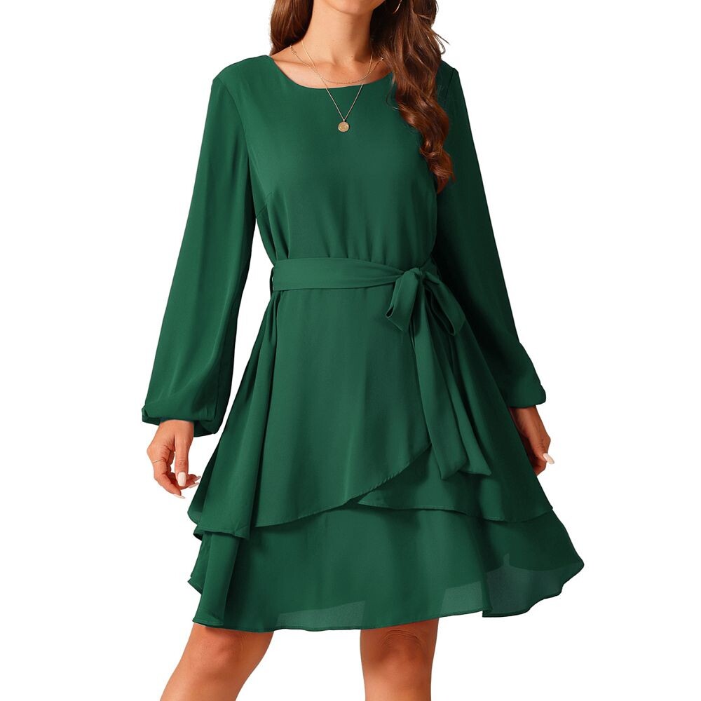 Женское шифоновое платье с круглым вырезом, длинным рукавом и высокой талией, завязками, рюшами, расклешенное платье с поясом Seta T, цвет Dark Green 
Женское шифоновое платье с круглым вырезом, длинным рукавом и высокой талией, завязками, рюшами, расклешенное платье с поясом Seta T, цвет Dark Green