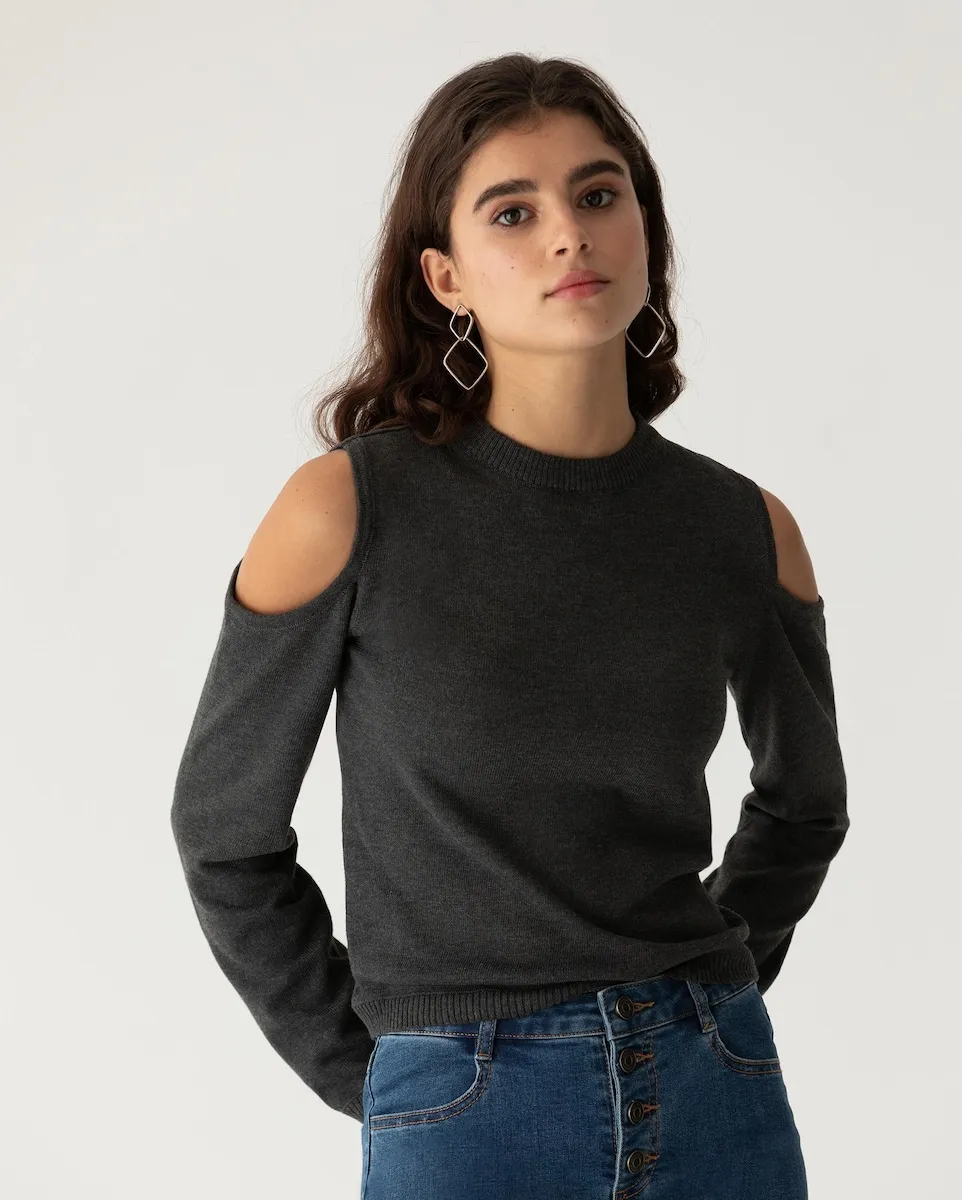 Женский свитер с длинными рукавами, круглым вырезом и открытыми плечами Noon, серый
Женский свитер с длинными рукавами, круглым вырезом и открытыми плечами Noon, серый