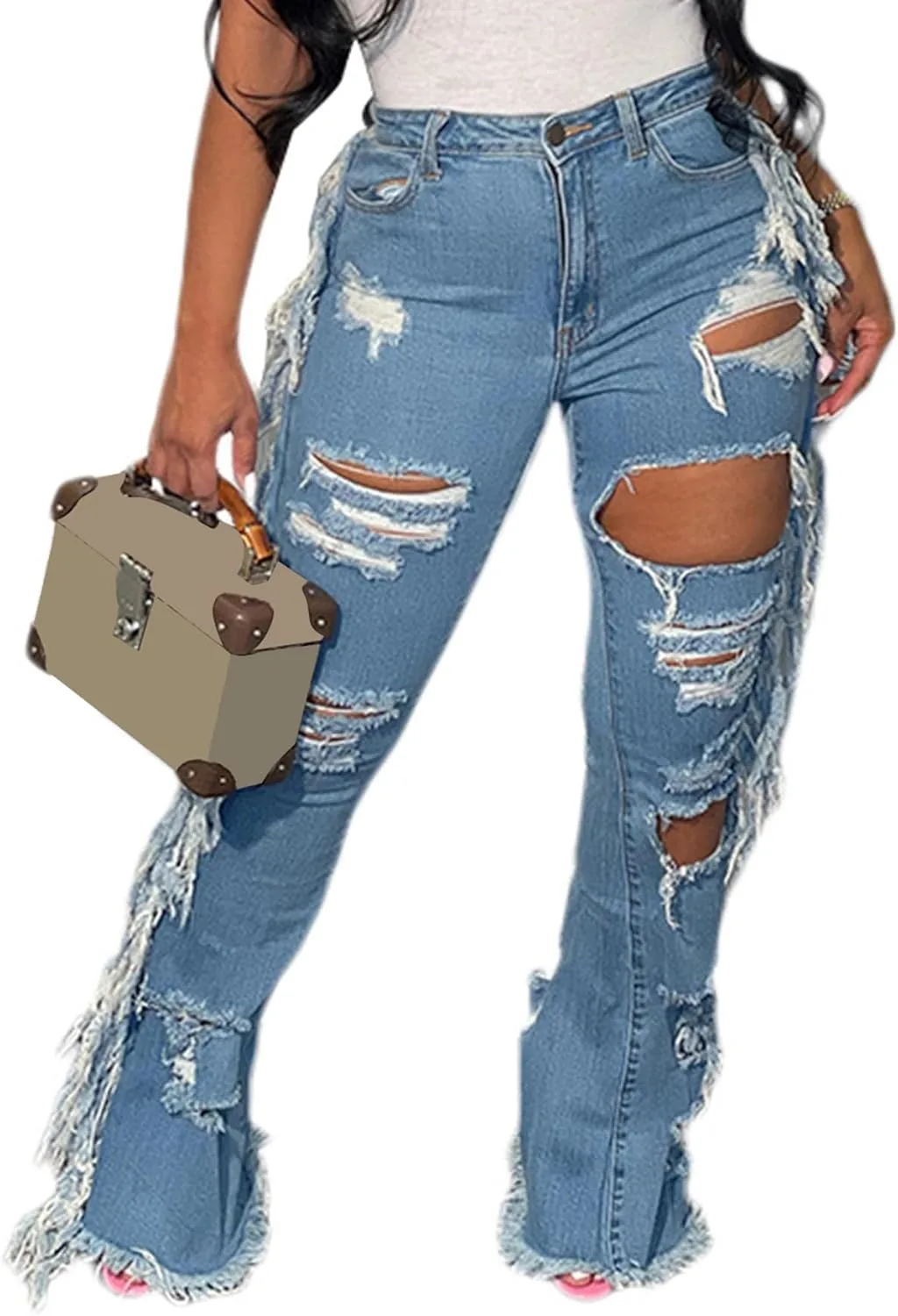 Dingang рваные джинсы-клеш с высокой талией, бахромой и потертым краем
Dingang рваные джинсы-клеш с высокой талией, бахромой и потертым краем