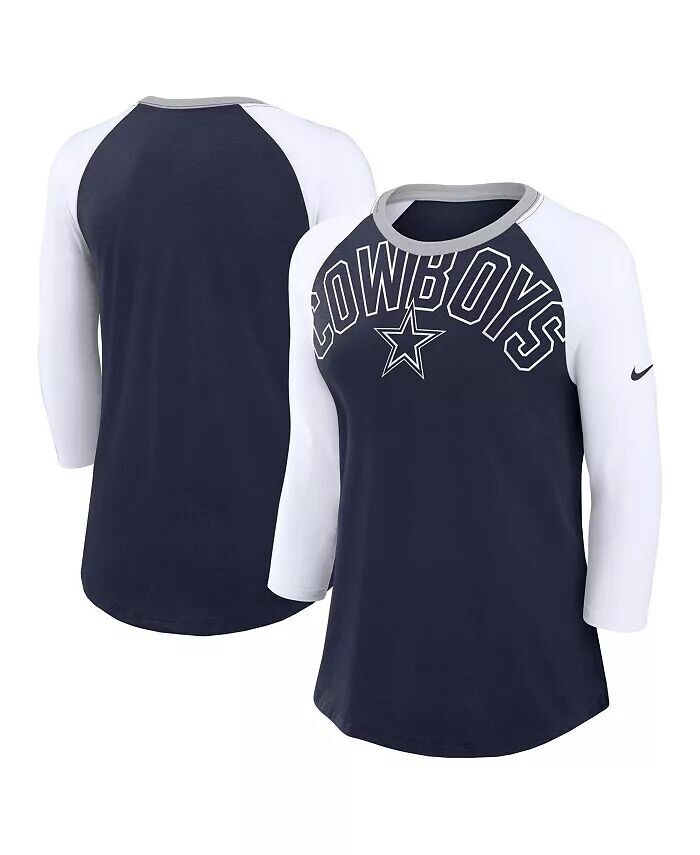 Женская темно-синяя, белая футболка Dallas Cowboys Knockout Arch Raglan Tri-Blend с рукавами 3/4 Nike, синий 
Женская темно-синяя, белая футболка Dallas Cowboys Knockout Arch Raglan Tri-Blend с рукавами 3/4 Nike, синий