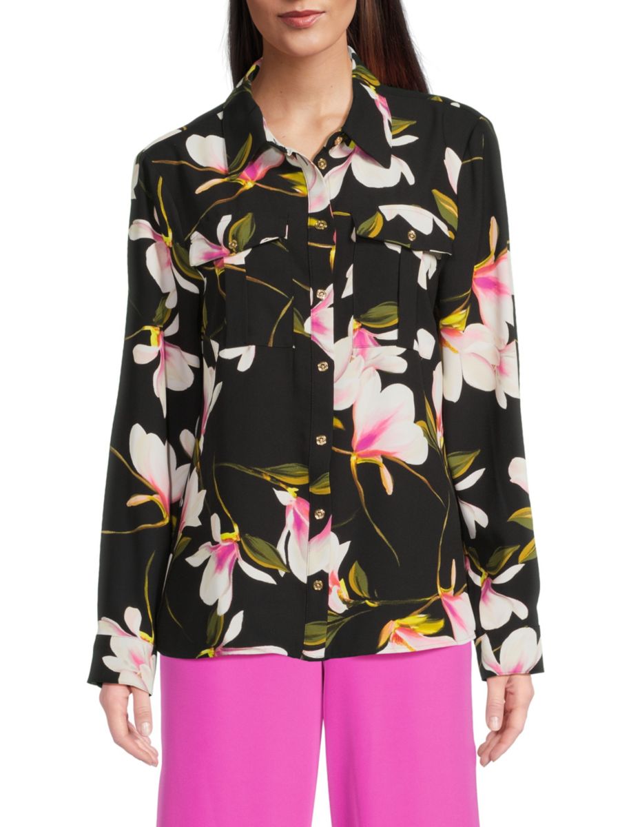 Рубашка на пуговицах с цветочным принтом Halston, черный мульти
Рубашка на пуговицах с цветочным принтом Halston, черный мульти