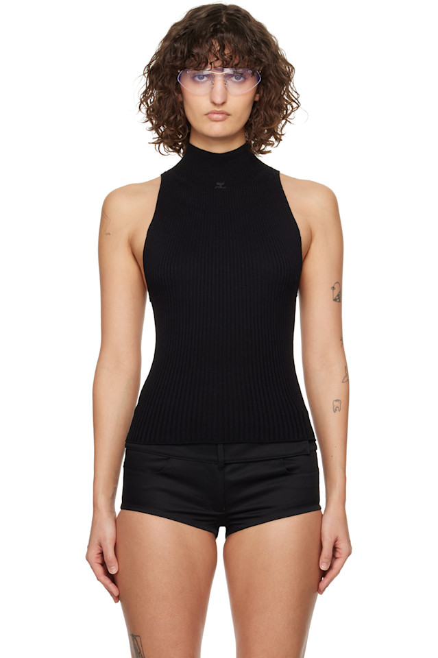 Рибленый топ с высоким воротником Courrèges, черный 
Рибленый топ с высоким воротником Courrèges, черный