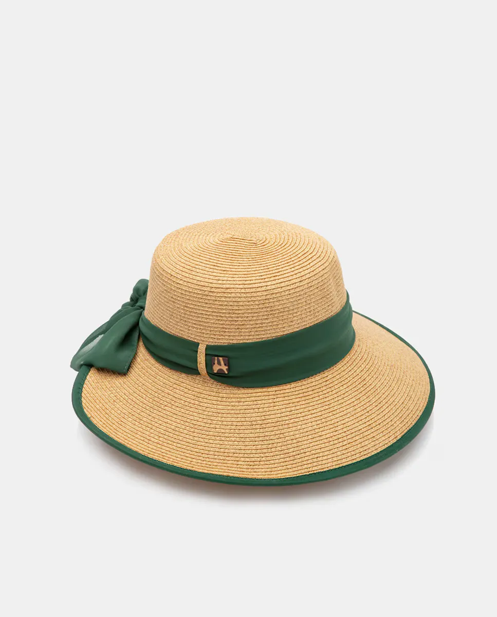 Бежевая пестрая шляпа с зеленой лентой и отделкой Aranda
Бежевая пестрая шляпа с зеленой лентой и отделкой Aranda