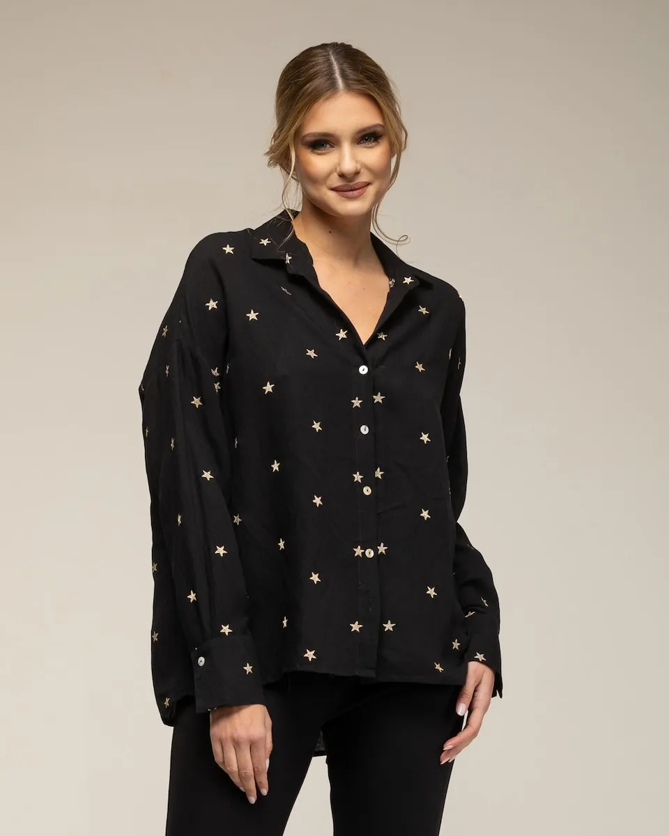 Женская льняная рубашка с вышитыми звездами Tantra, черный
Женская льняная рубашка с вышитыми звездами Tantra, черный